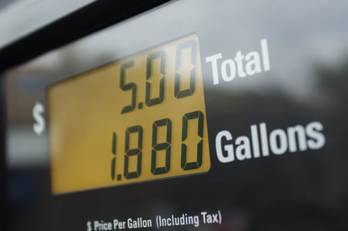 a gas pump display with a total of 5.00 dollars and 1.880 gallons, illustrating the concept of fuel expenses and savings with ProAdantage membership