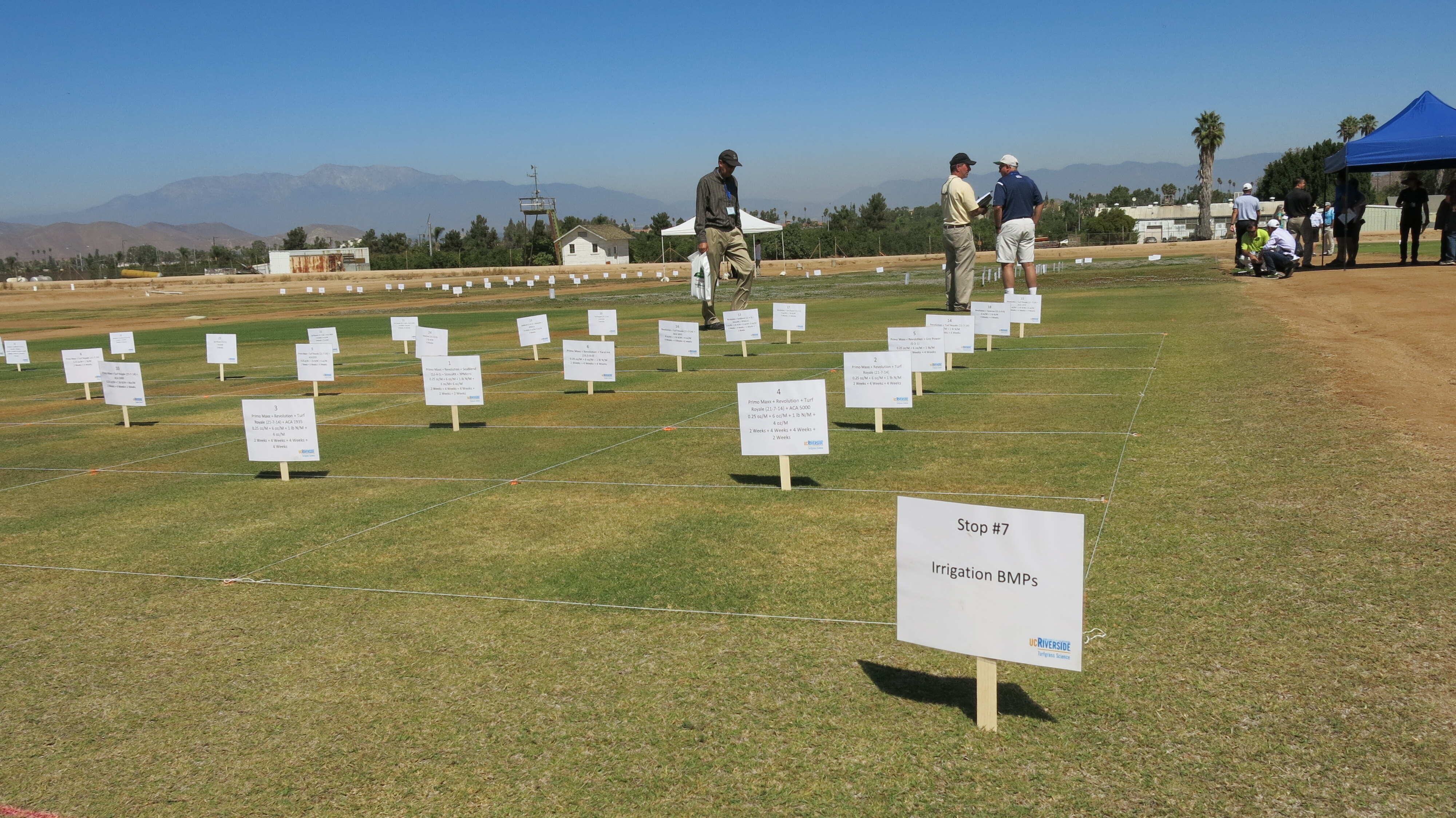 People examining various irrigation best management practices at UC Riverside's turf research facility, with labeled plots and signage indicating different BMPs, under clear blue skies