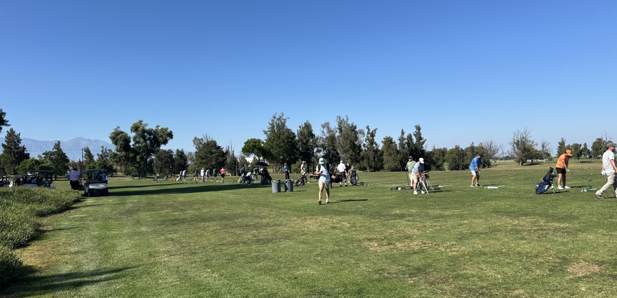 Golfers practicing their swings on a crowded driving range on a sunny day. The green field is dotted with people and golf bags, with trees and mountains in the background